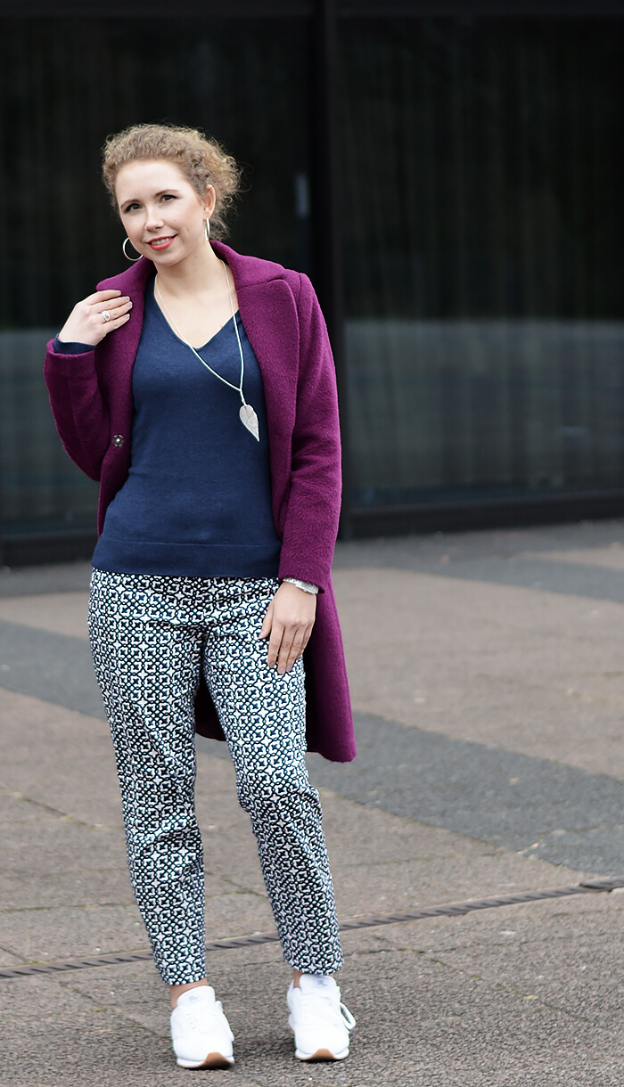 Outfit: Patterned Pants, Reebok Classics and Purple Coat