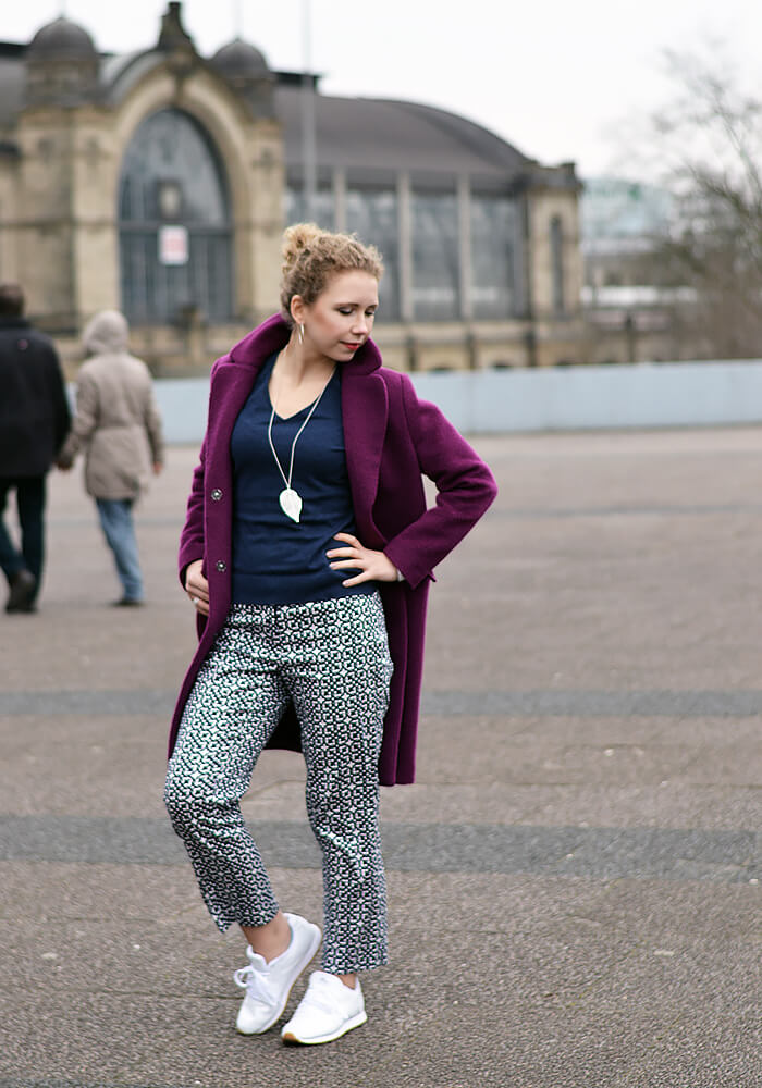 Outfit: Patterned Pants, Reebok Classics and Purple Coat