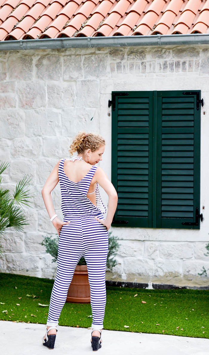 Kationette Outfit: Striped Jumpsuit with dropped armhole and Wedge Sandals