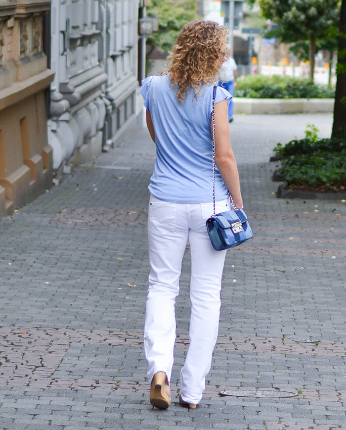 Fashion: Michael Kors Patchwork Denim Bag, White Jeans and Blue Tee