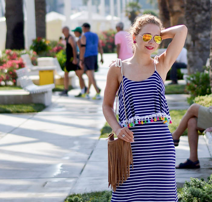 Outfit: Striped maxi dress with pompoms in Split, Croatia