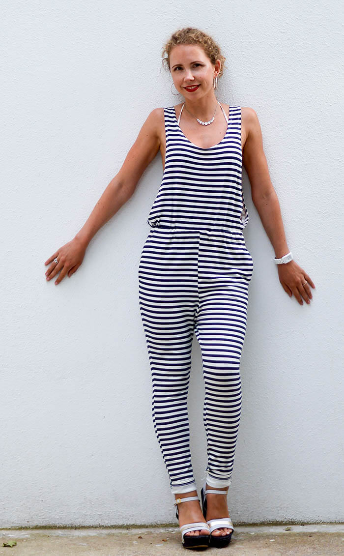 Kationette Outfit: Striped Jumpsuit with dropped armhole and Wedge Sandals