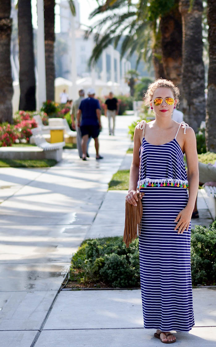 Outfit: Striped maxi dress with pompoms in Split, Croatia