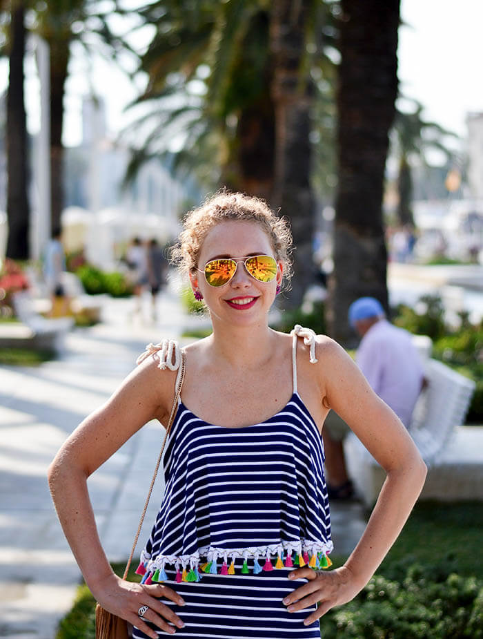 Outfit: Striped maxi dress with pompoms in Split, Croatia