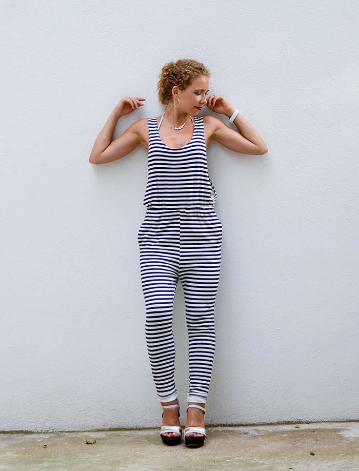 Kationette Outfit: Striped Jumpsuit with dropped armhole and Wedge Sandals