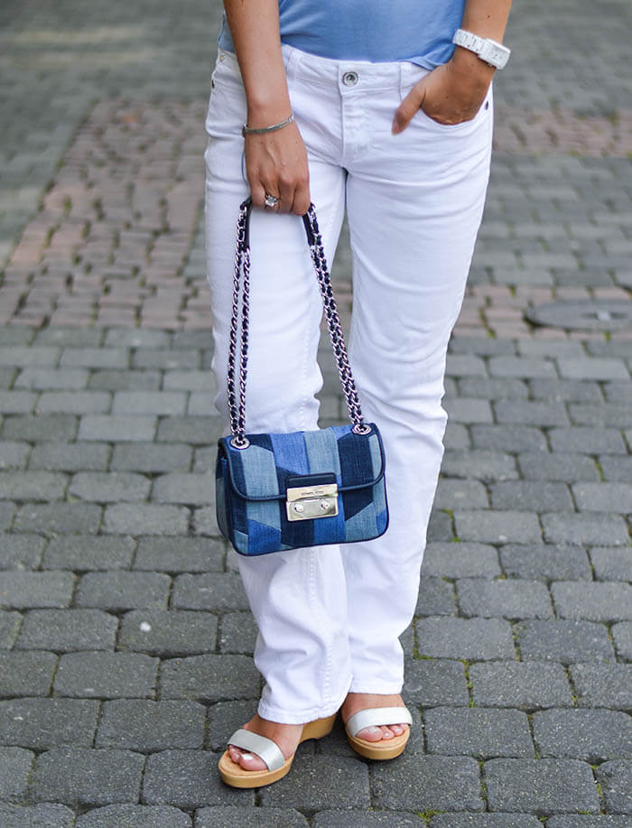 Fashion: Michael Kors Patchwork Denim Bag, White Jeans and Blue Tee