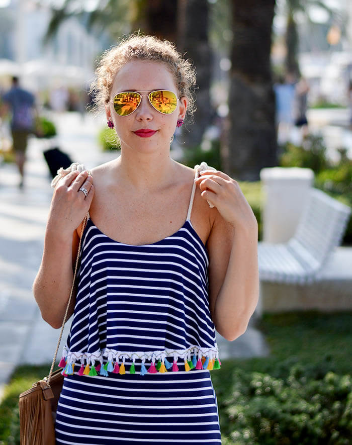 Outfit: Striped maxi dress with pompoms in Split, Croatia