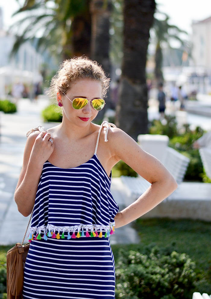 Outfit: Striped maxi dress with pompoms in Split, Croatia