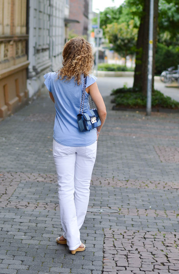Fashion: Michael Kors Patchwork Denim Bag, White Jeans and Blue Tee