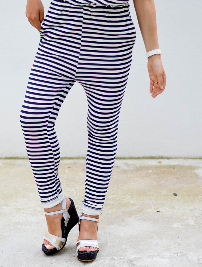 Kationette Outfit: Striped Jumpsuit with dropped armhole and Wedge Sandals