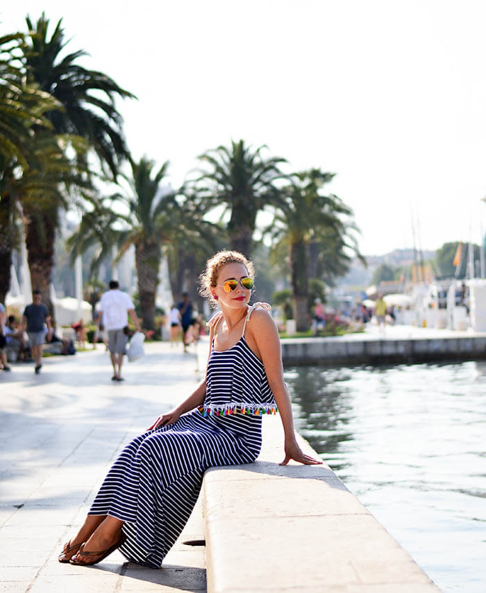 Outfit: Striped maxi dress with pompoms in Split, Croatia