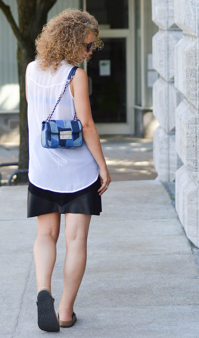 Outfit: Michael Kors Patchwork Sloan, Fake Leather Skirt from Zara and Birkenstock Sandals