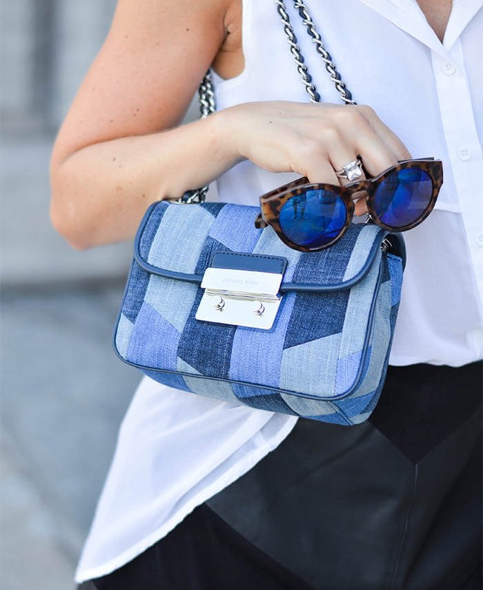 Outfit: Michael Kors Patchwork Sloan, Fake Leather Skirt from Zara and Birkenstock Sandals