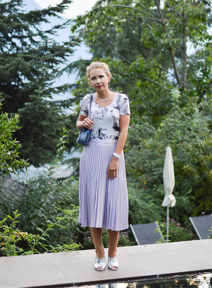 Outfit: Metallic Pleated Skirt, Marble Shirt, Silver Mules and Michael Kors Patchwork Denim