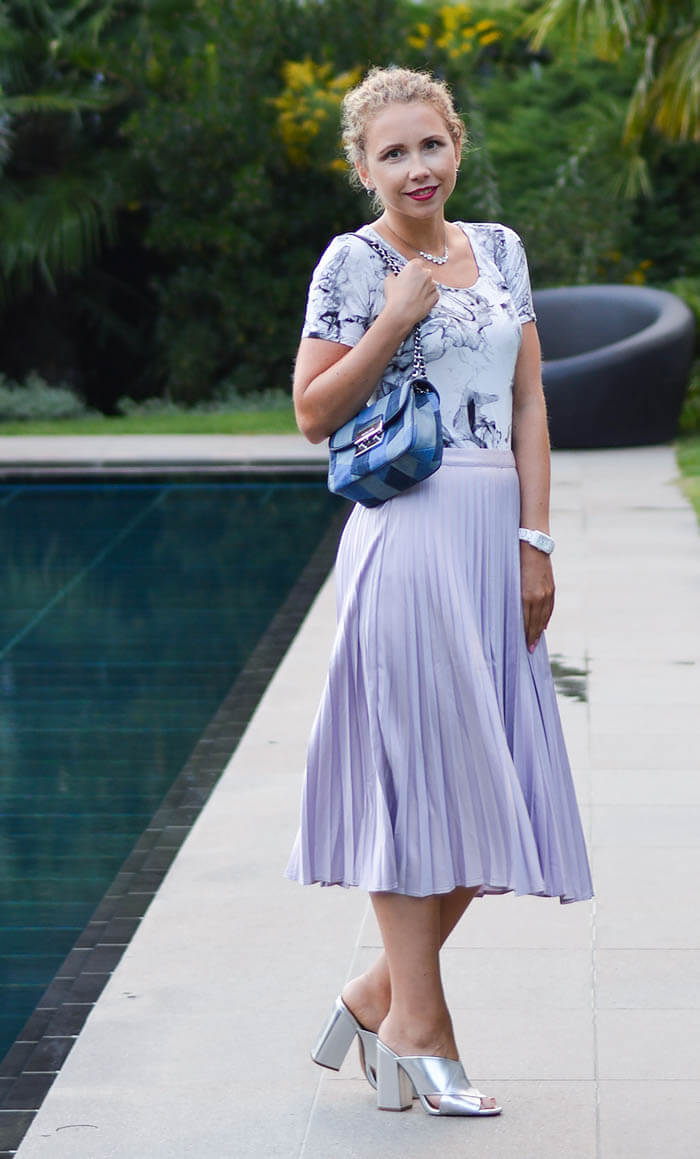 Outfit: Metallic Pleated Skirt, Marble Shirt, Silver Mules and Michael Kors Patchwork Denim