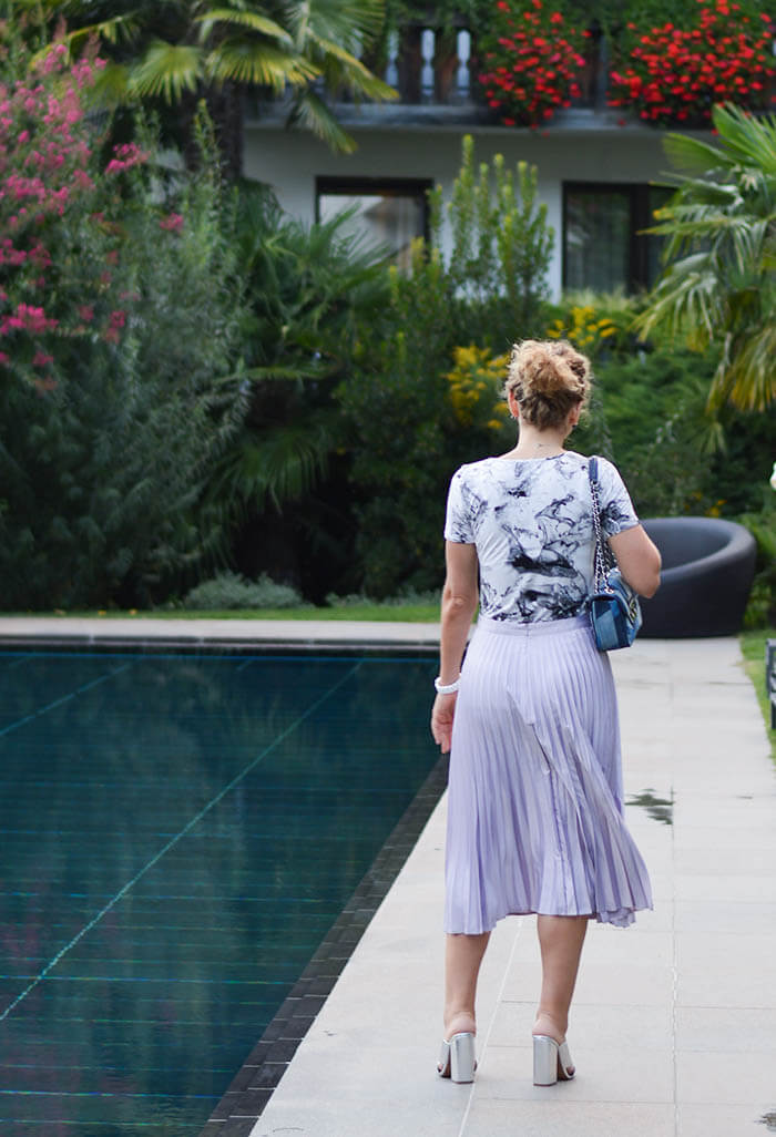 Outfit: Metallic Pleated Skirt, Marble Shirt, Silver Mules and Michael Kors Patchwork Denim