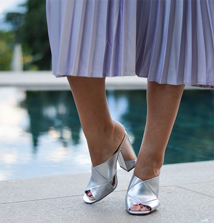 Outfit: Metallic Pleated Skirt, Marble Shirt, Silver Mules and Michael Kors Patchwork Denim