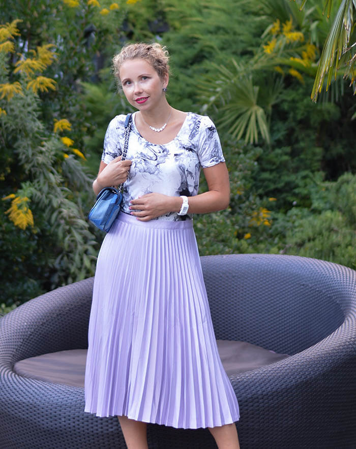 Outfit: Metallic Pleated Skirt, Marble Shirt, Silver Mules and Michael Kors Patchwork Denim