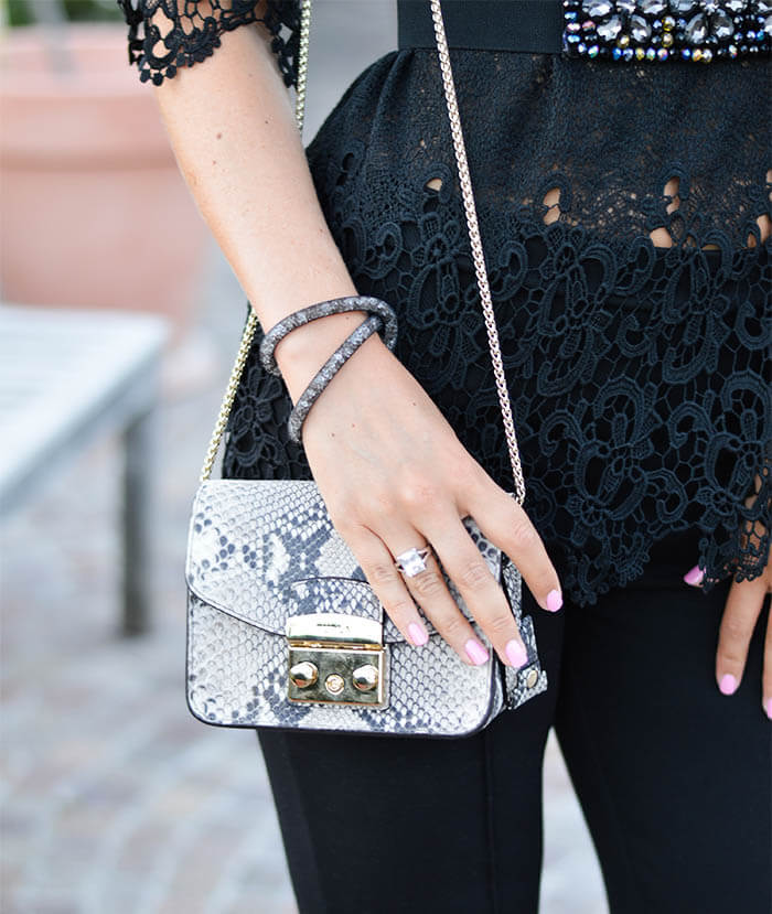 Outfit: Classy Allblack with Flared Pants, Furla, Lace & Waist Belt
