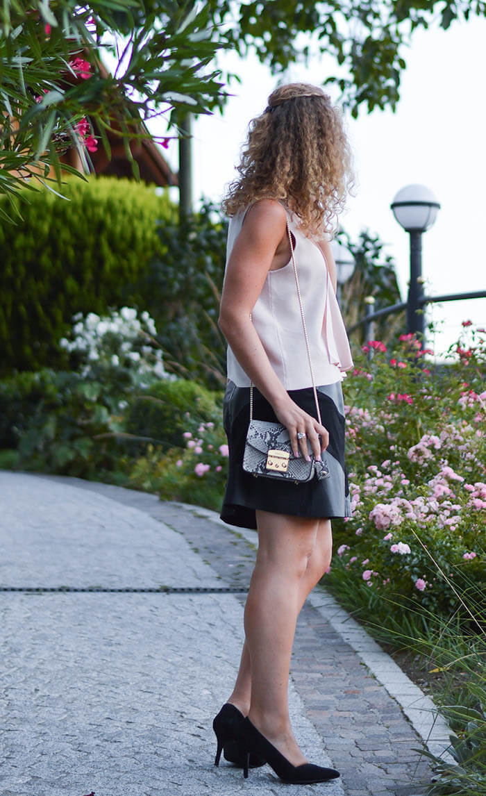 Outfit: Zara Blush Top and Leather Skirt with Furla & Pumps