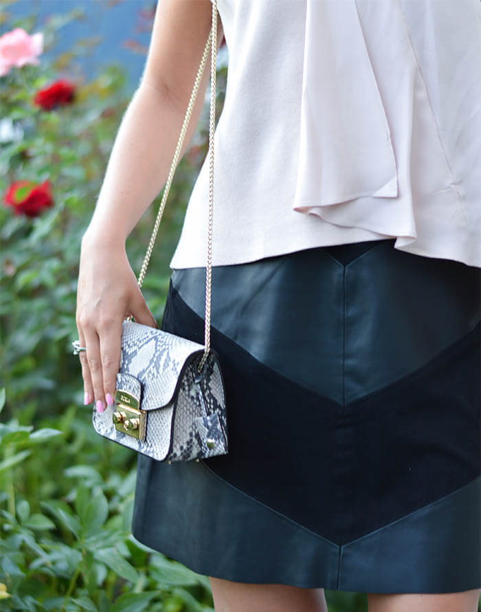 Outfit: Zara Blush Top and Leather Skirt with Furla & Pumps