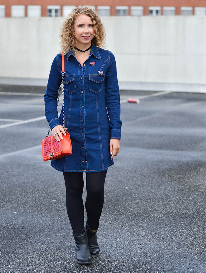 Kationette Outfit: Mango Denim Dress, Choker, Rebecca Minkoff Crossbody