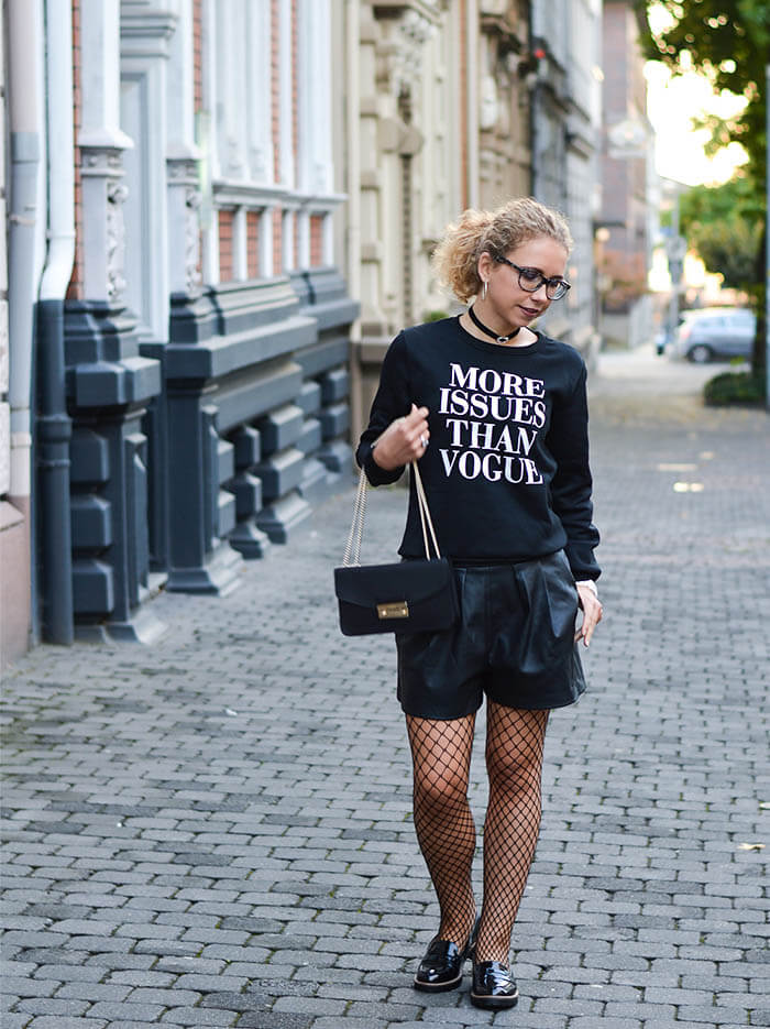 Outfit: Statement Sweater, Leather Shorts, Fishnet Stockings and Patent Loafer