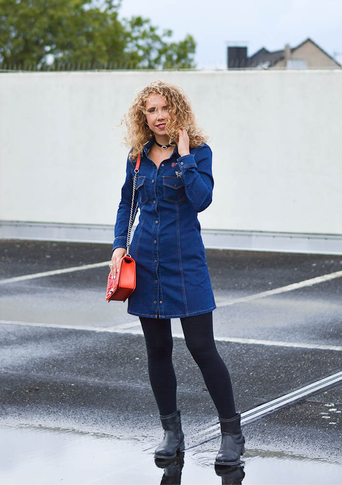 Kationette Outfit: Mango Denim Dress, Choker, Rebecca Minkoff Crossbody