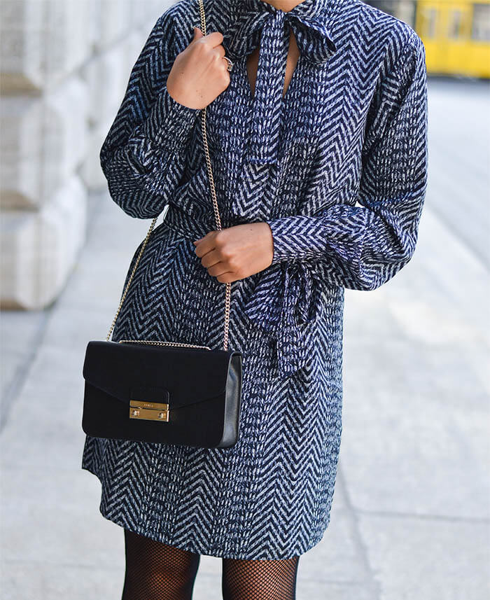 Outfit: Bow tie dress, fishnet stockings, furla and ankle booties