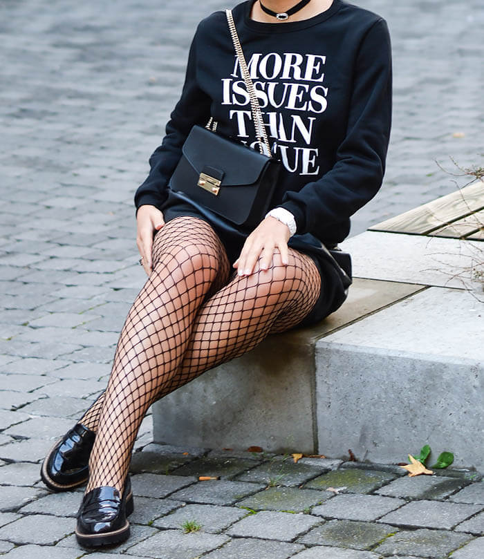 Outfit: Statement Sweater, Leather Shorts, Fishnet Stockings and Patent Loafer