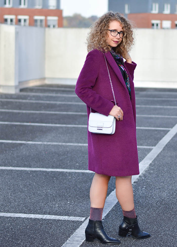 Outfit: Glitter Socks in Ankle Booties, Silk Scarf and Berry Coat