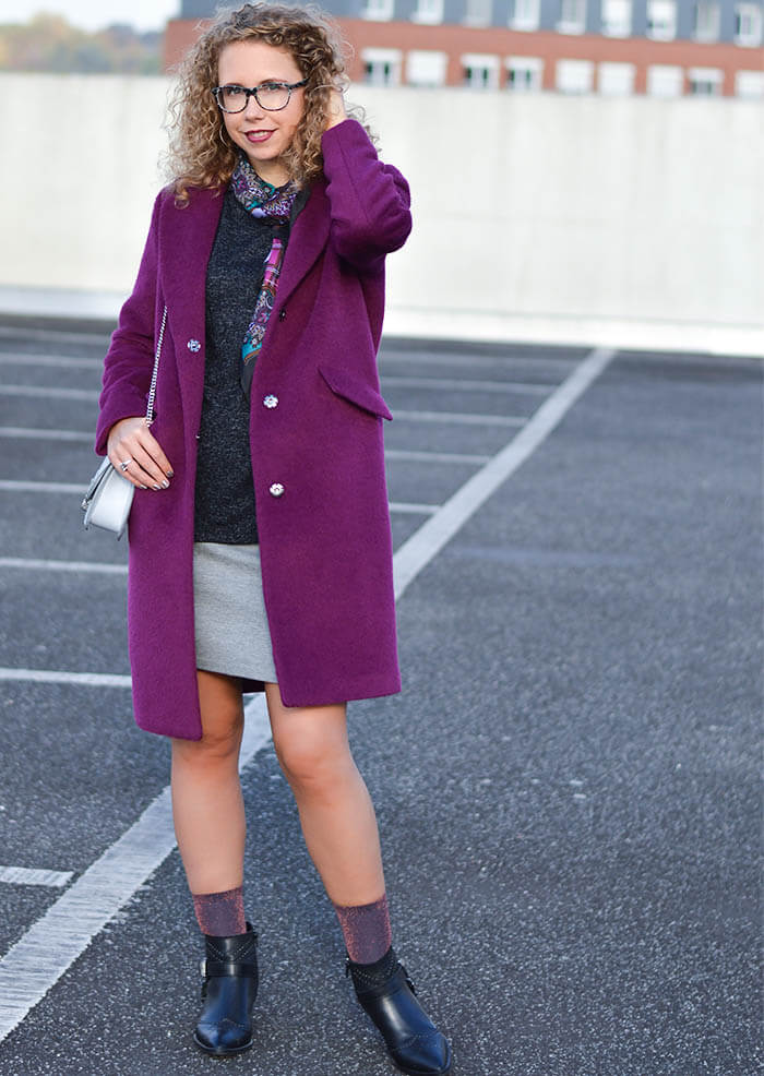 Outfit: Glitter Socks in Ankle Booties, Silk Scarf and Berry Coat