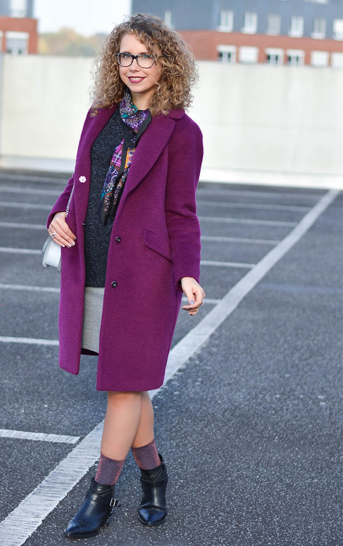 Outfit: Glitter Socks in Ankle Booties, Silk Scarf and Berry Coat