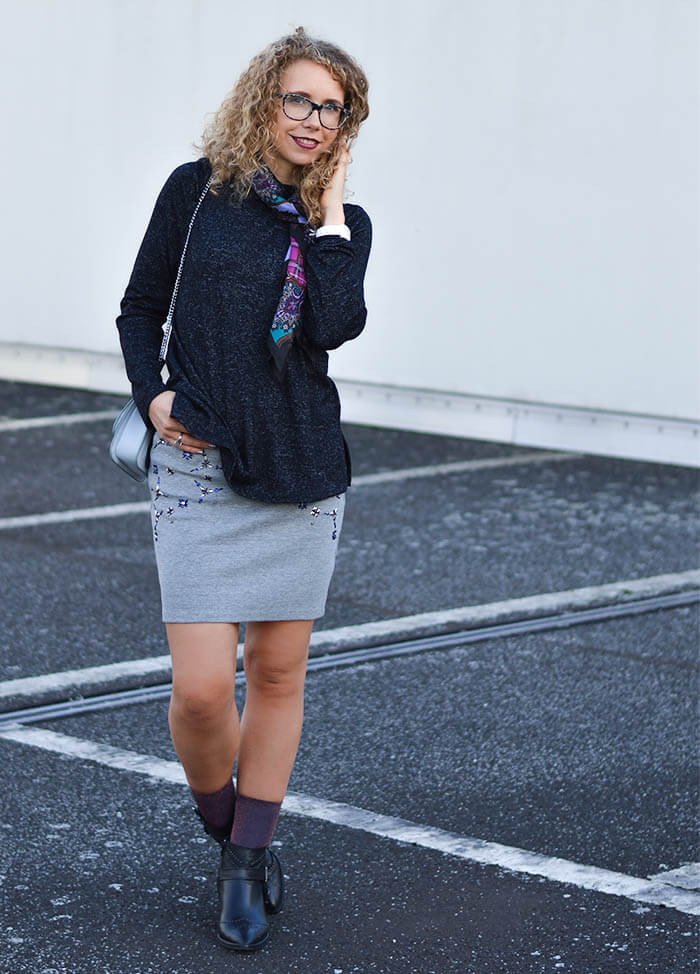 Outfit: Glitter Socks in Ankle Booties, Silk Scarf and Berry Coat