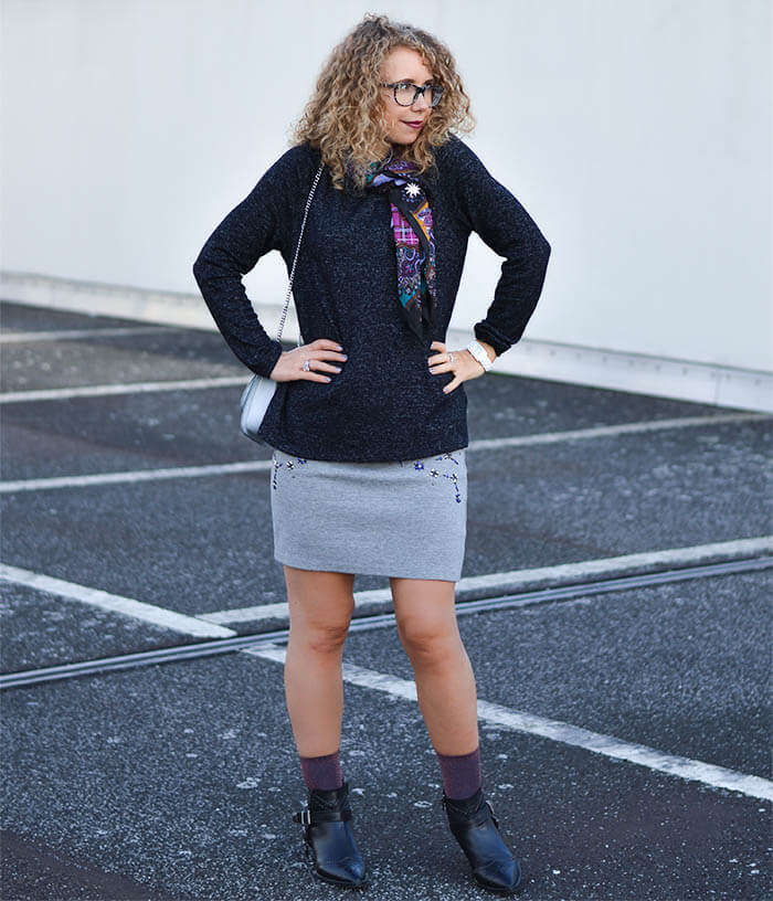 Outfit: Glitter Socks in Ankle Booties, Silk Scarf and Berry Coat