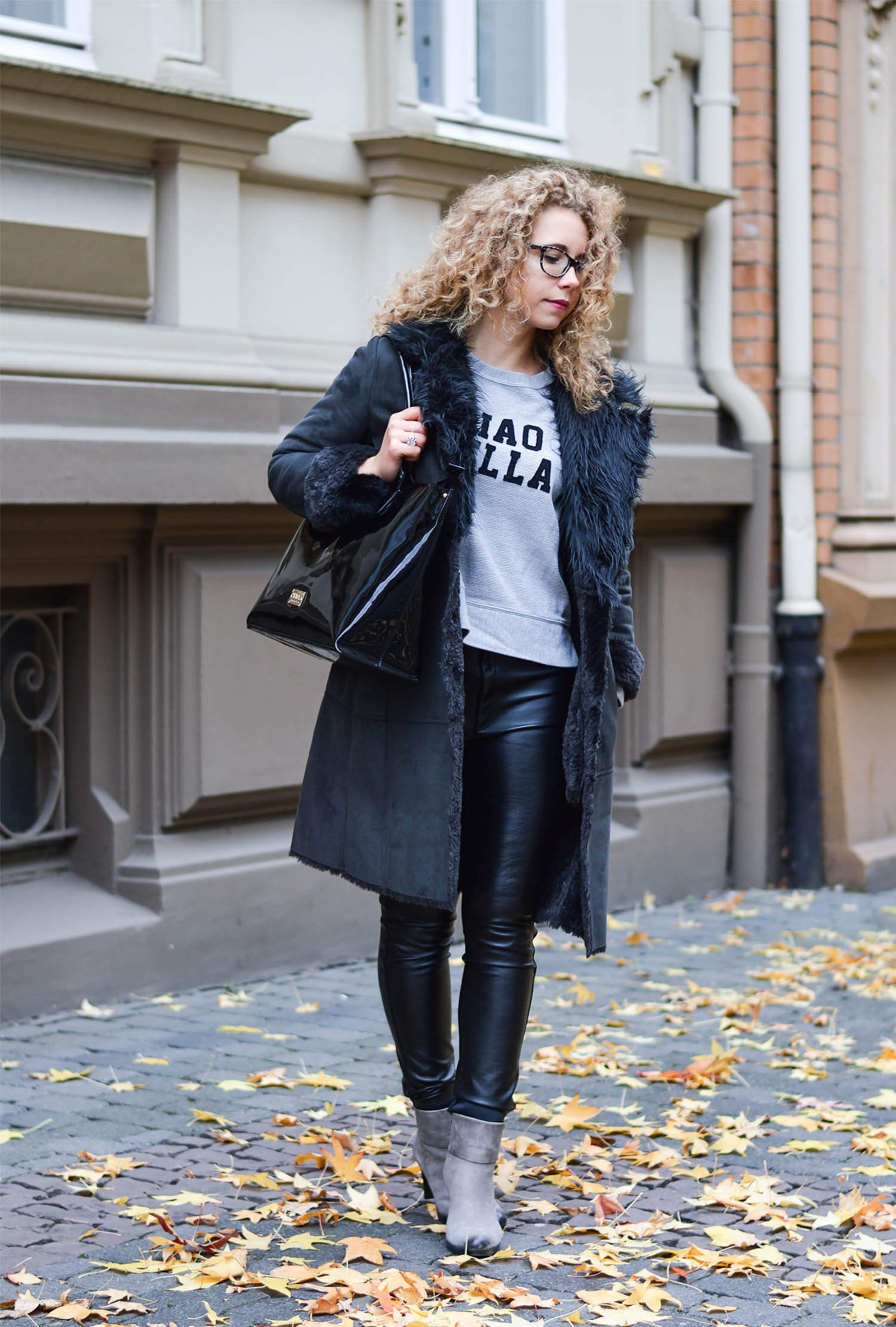 Outfit: Shearling Coat, Leather Pants and Patent Bag