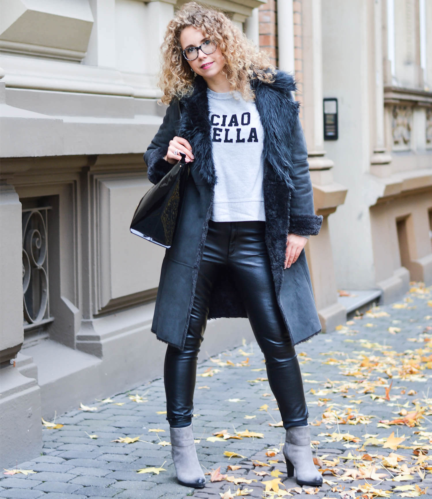 Outfit: Shearling Coat, Leather Pants and Patent Bag