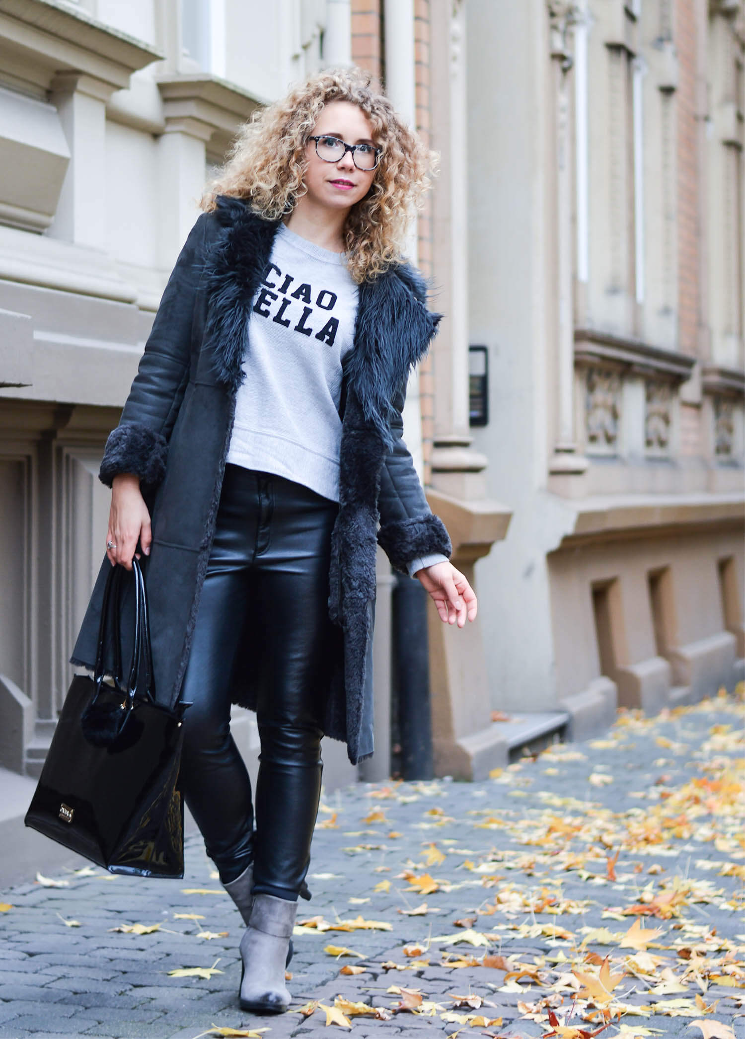 Outfit: Shearling Coat, Leather Pants and Patent Bag