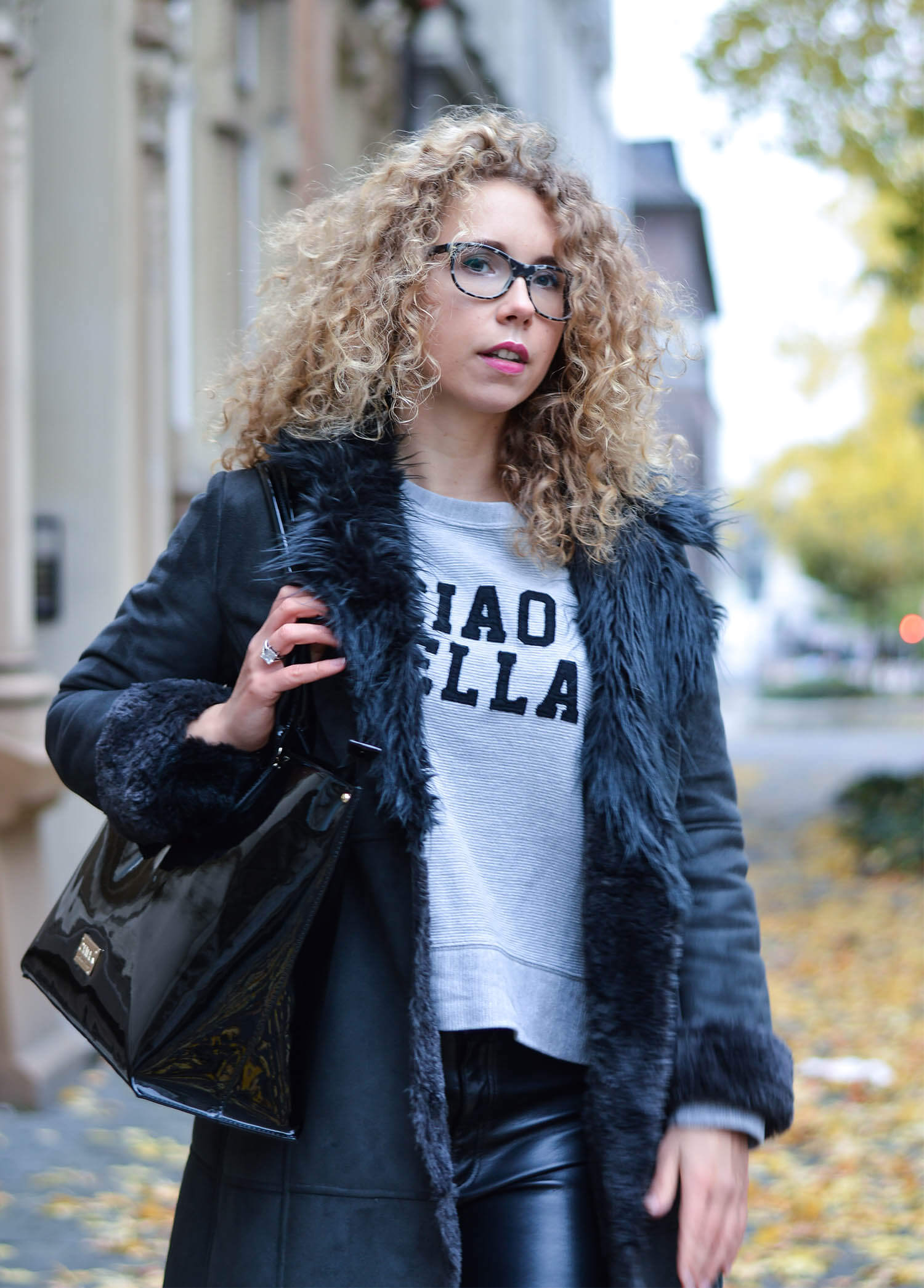 Outfit: Shearling Coat, Leather Pants and Patent Bag