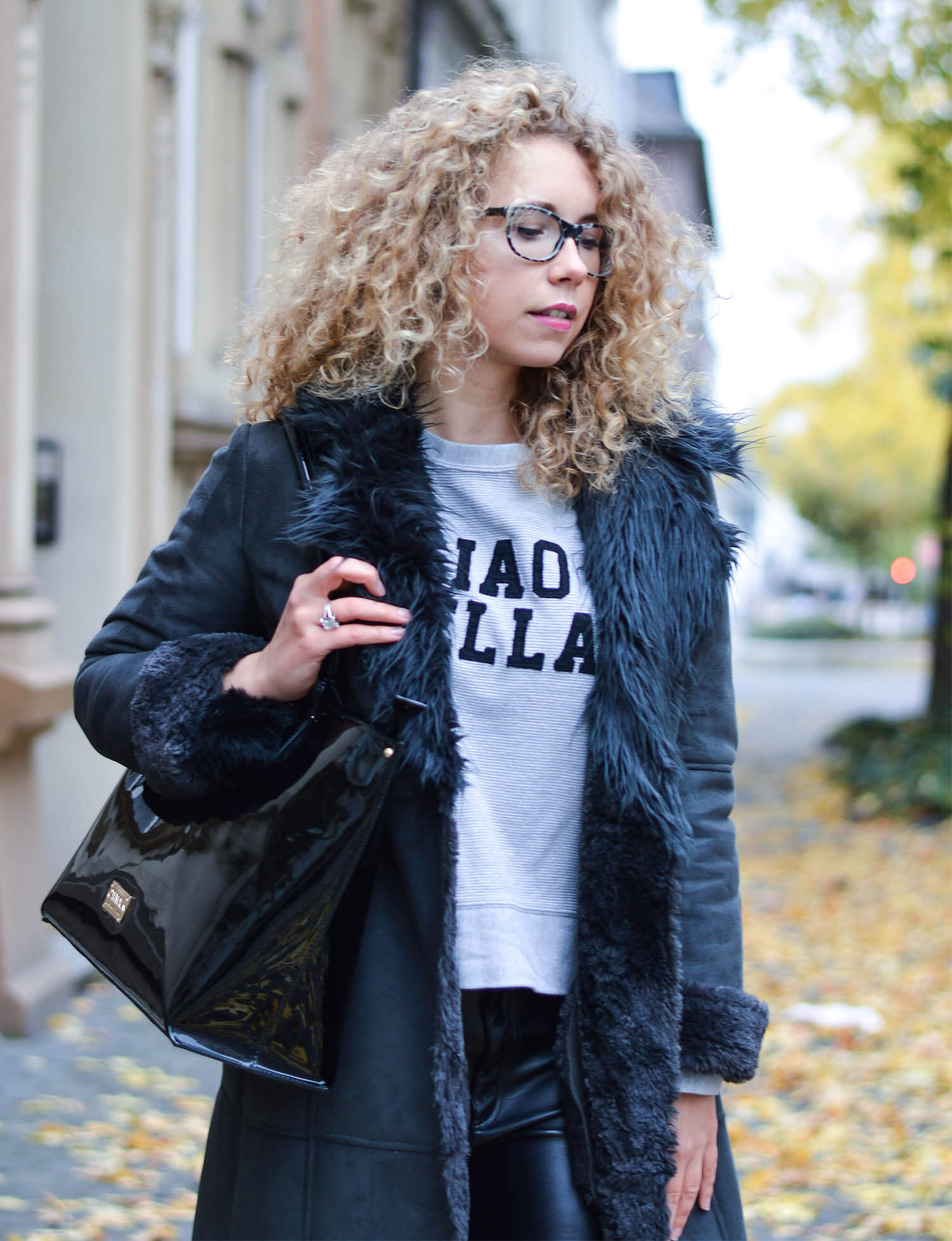 Outfit: Shearling Coat, Leather Pants and Patent Bag