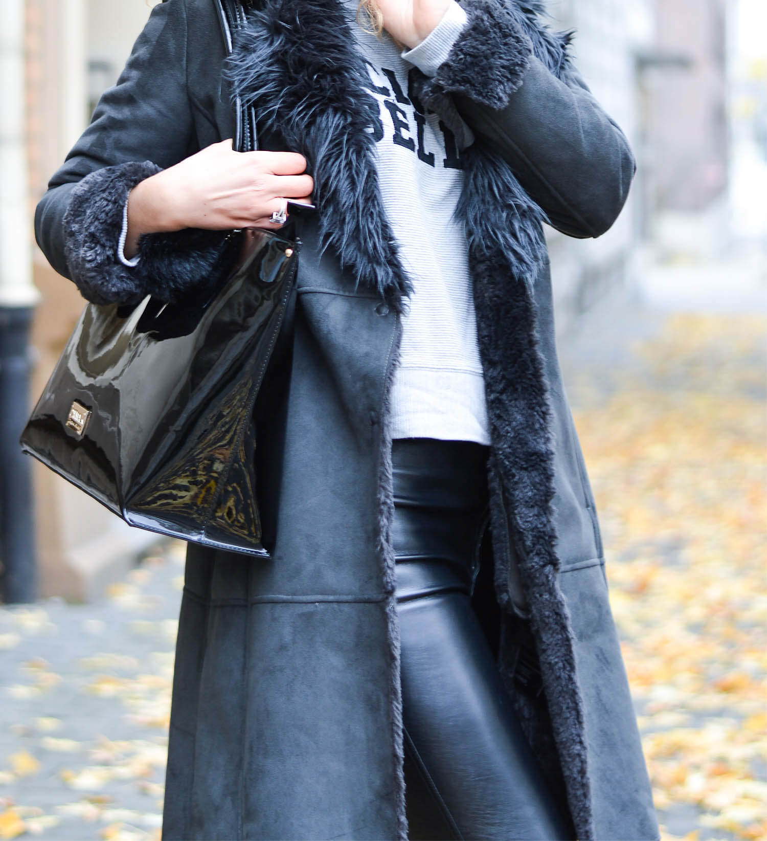 Outfit: Shearling Coat, Leather Pants and Patent Bag