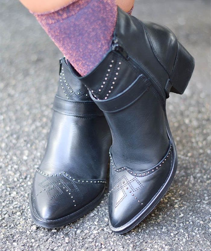 Outfit: Glitter Socks in Ankle Booties, Silk Scarf and Berry Coat