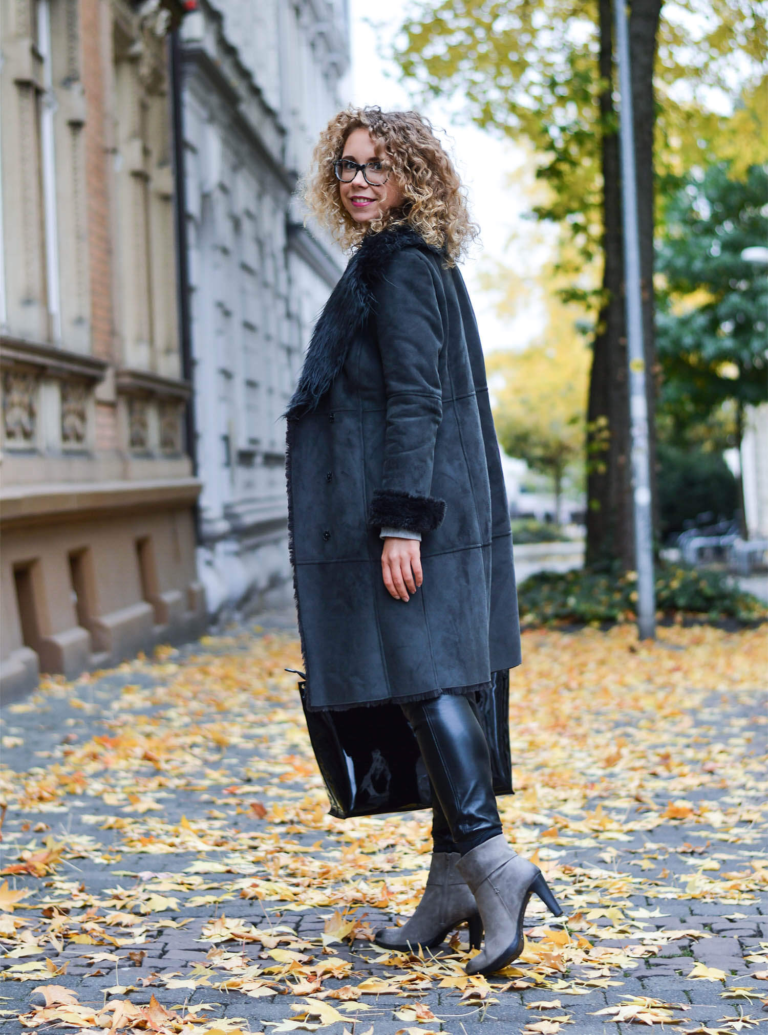 Outfit: Shearling Coat, Leather Pants and Patent Bag