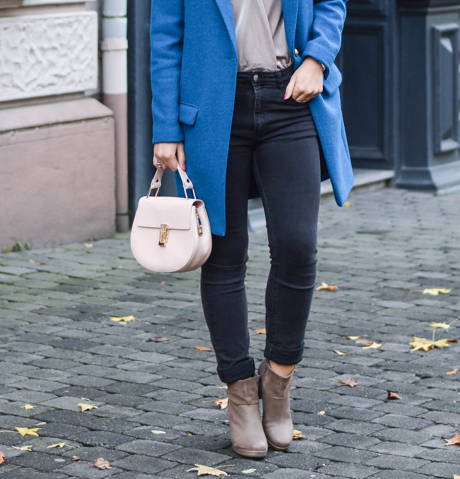Outfit: New Booties, Zara Velvet Bodysuit and Blue Coat from J.Crew
