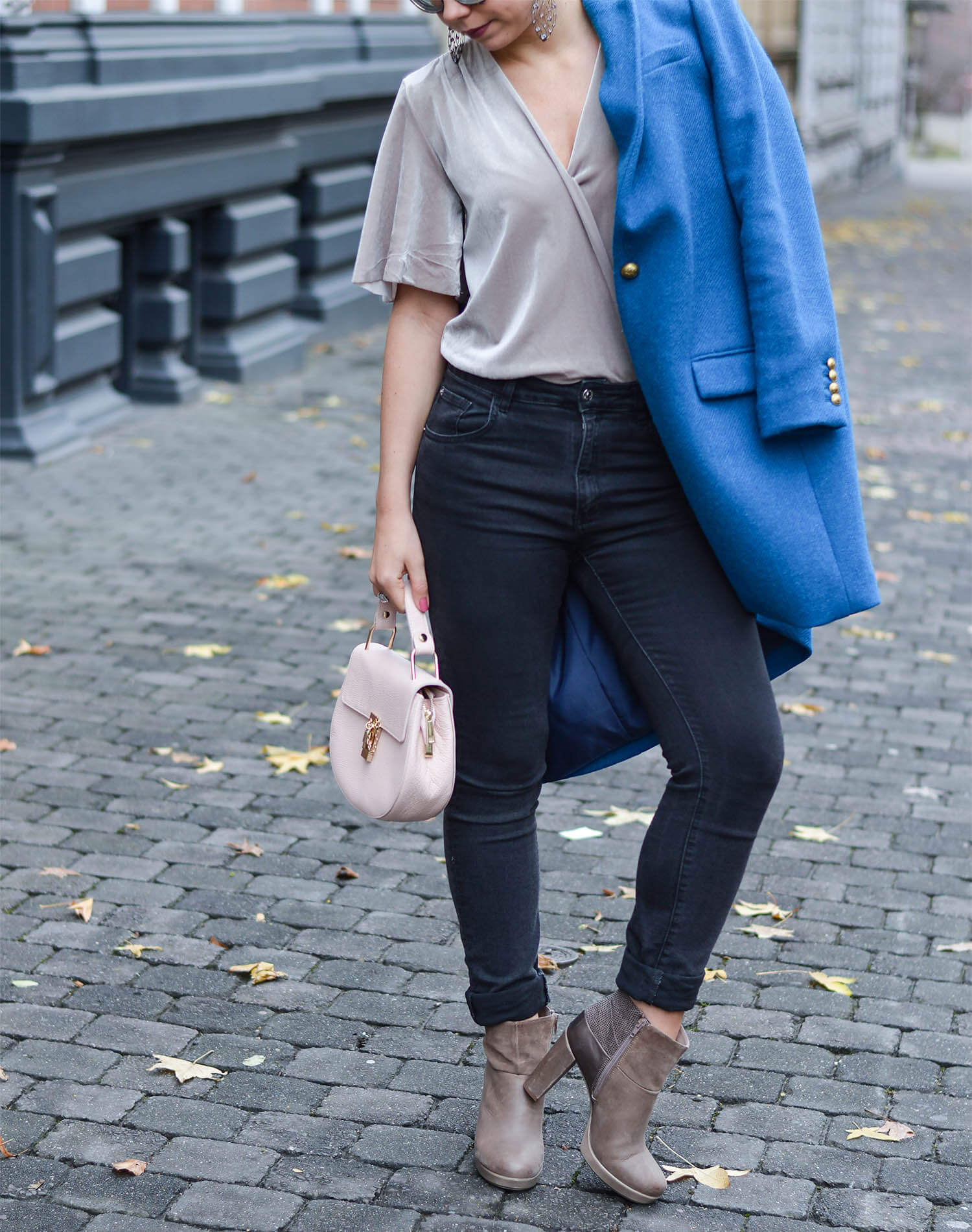 Outfit: New Booties, Zara Velvet Bodysuit and Blue Coat from J.Crew