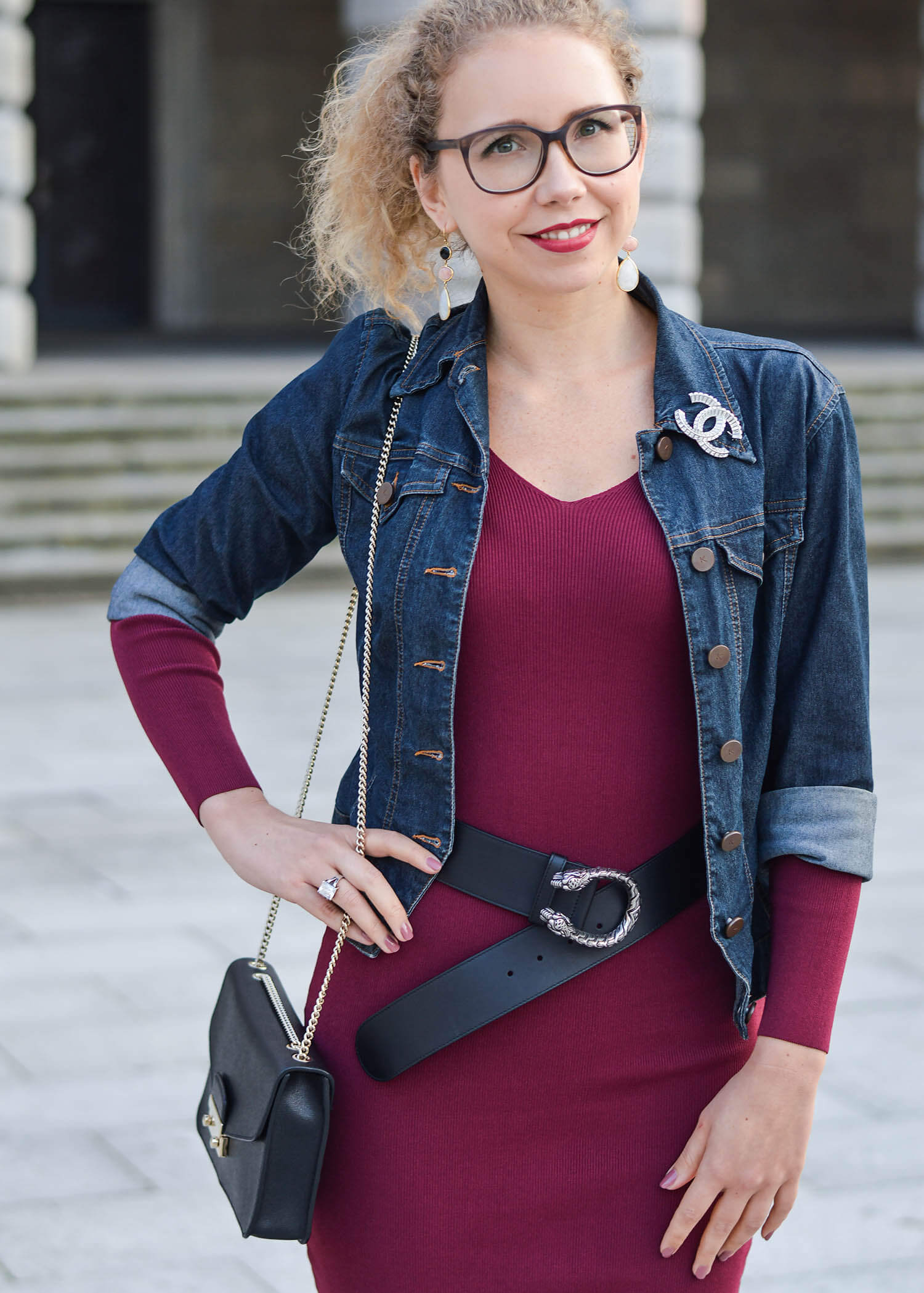 Kationette-fashionblogger-nrw-Outfit-Burgundy-Fall-Dress-Denim-Jacket-and-Platform-Shoes