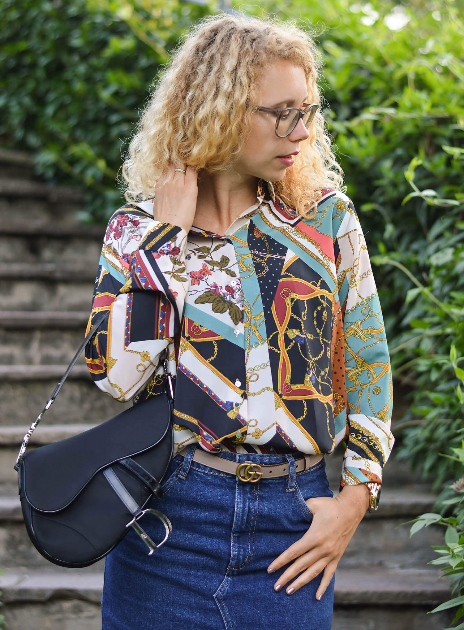 Outfit-Denim-Pencil-Skirt-Chain-Print-Blouse-and-Life-Update-kationette-dior-saddle