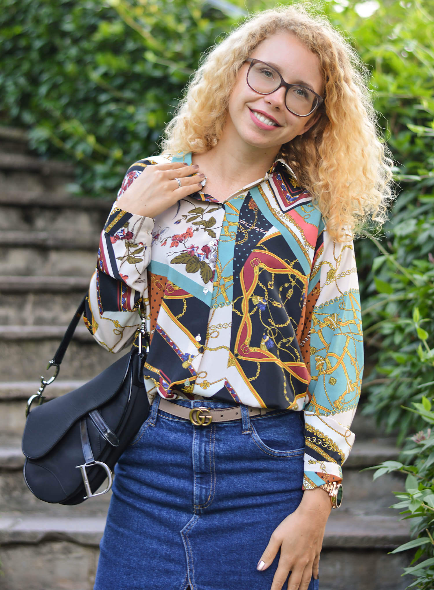 Outfit-Denim-Pencil-Skirt-Chain-Print-Blouse-and-Life-Update-kationette-dior-saddle