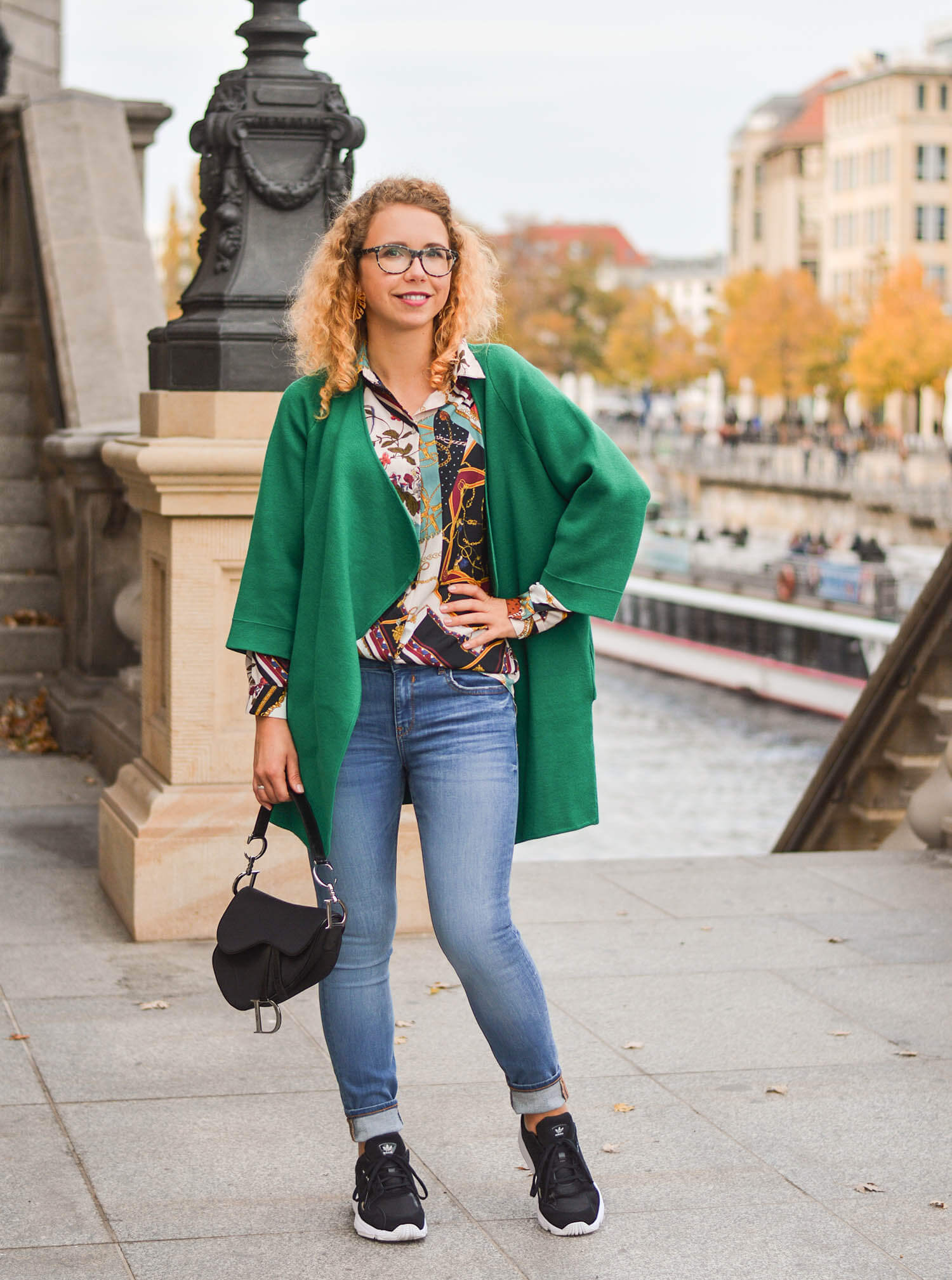 Adidas Falcon Chain Print Blouse and Dior Saddle Bag in Berlin Kationette