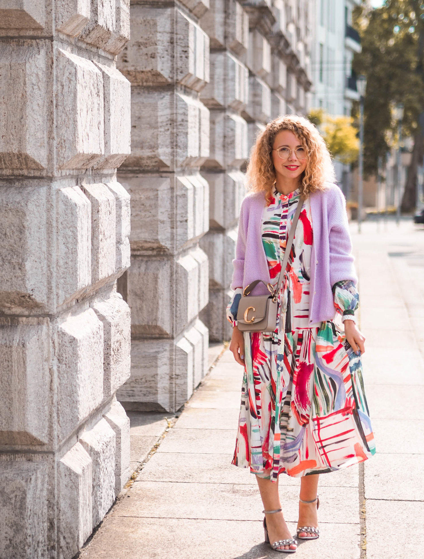 printed midi dress, cardigan und chloé